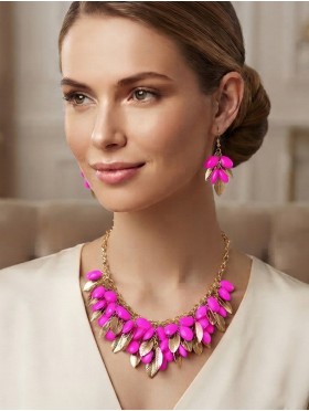 TWO TONE BEAD AND LEAF DESIGN NECKLACE WITH EARRING SET